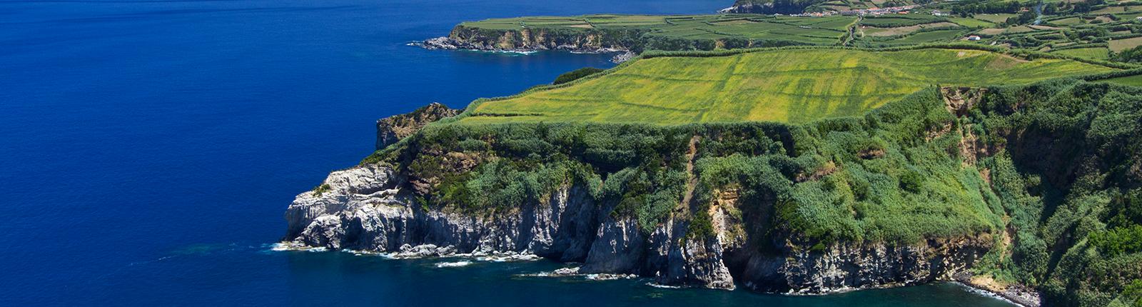 Aerial view of the rocky plateaus on Ponta Delgada, Portugal