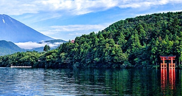 beautiful view of a lake and a volcano in yokohama, japan