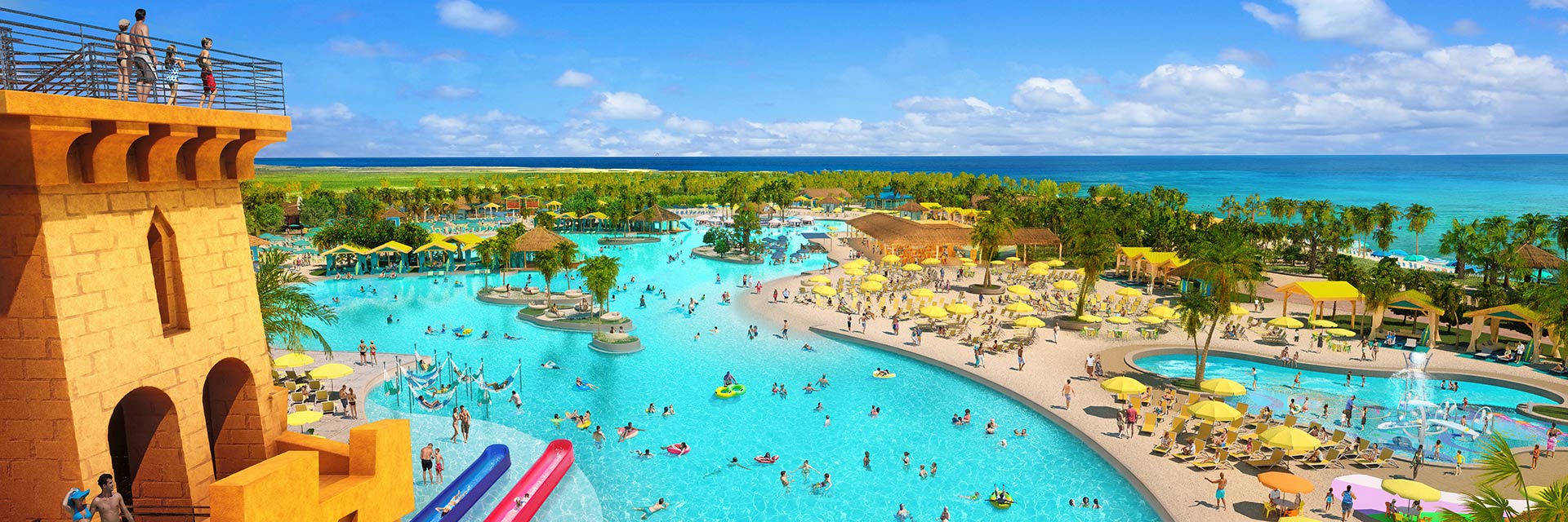 Guests enjoying the views of Celebration Key from the top of the starfish lagoon sandcastle 