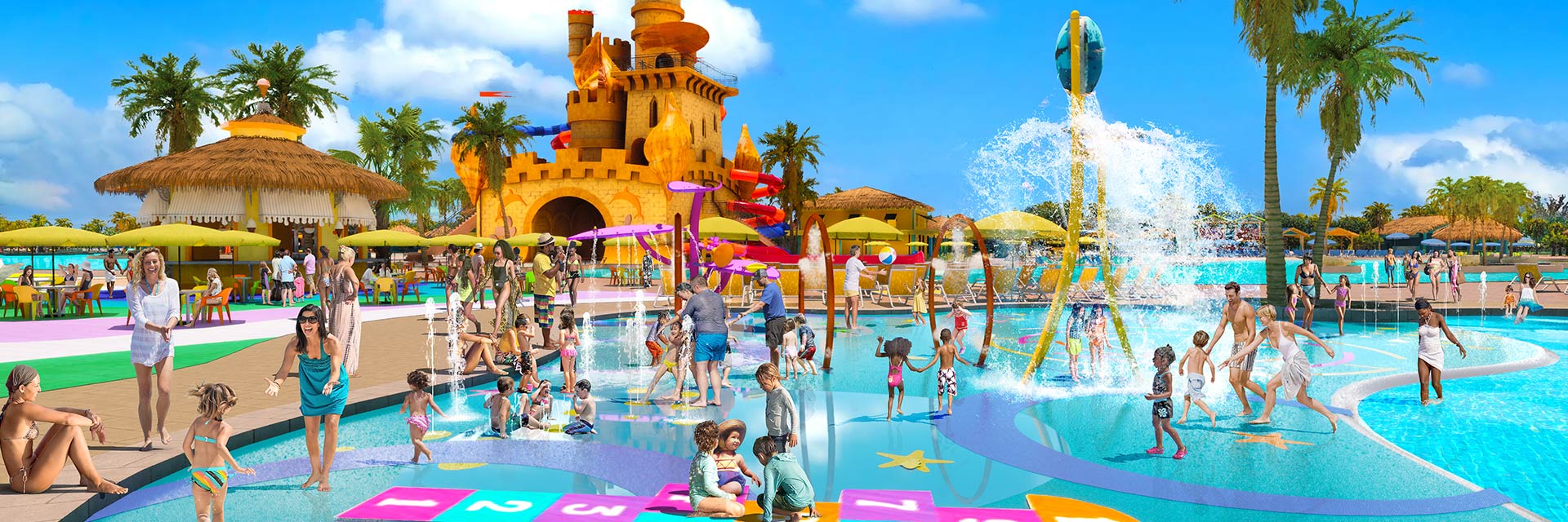 Guests enjoying the fun water activities available at the starfish lagoon splashpad