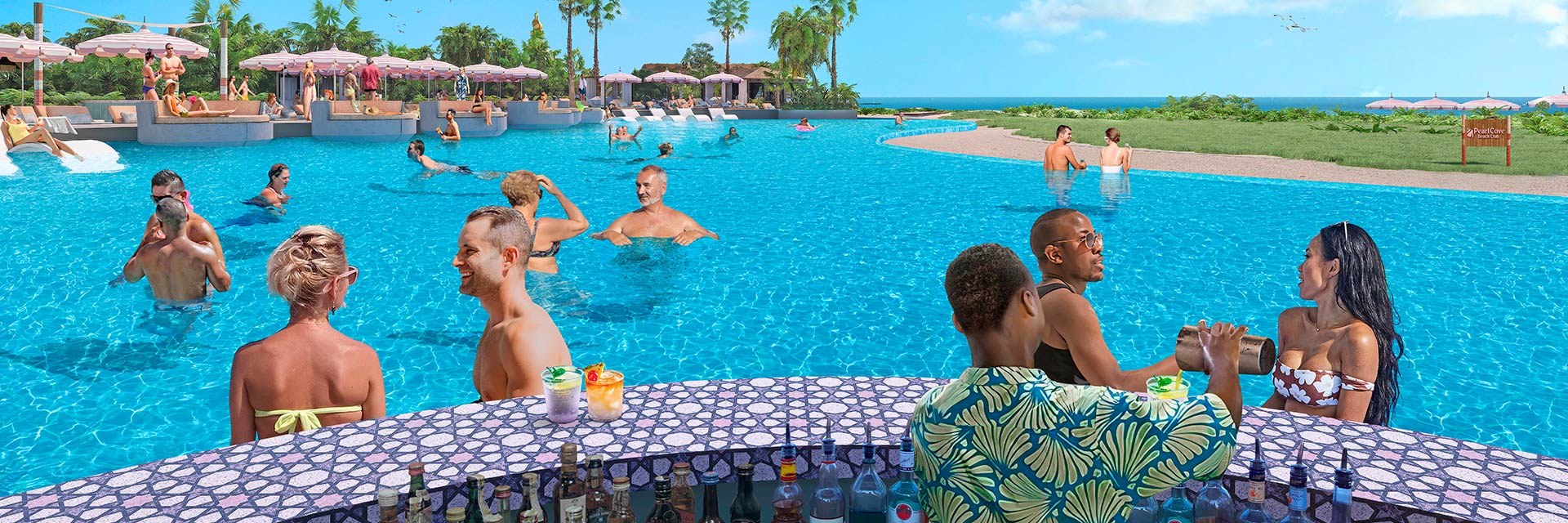 Guests swimming in an infinity pool and others are enjoying a swim up bar