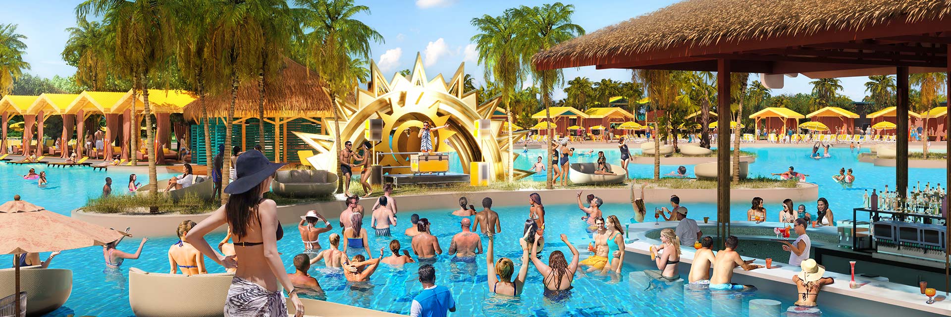 guests at a swim-up bar while watching a dj