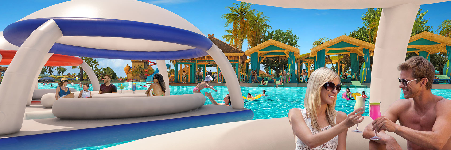 Guests enjoying a tropical drink and relaxing under aquabanas by the starfish lagoon