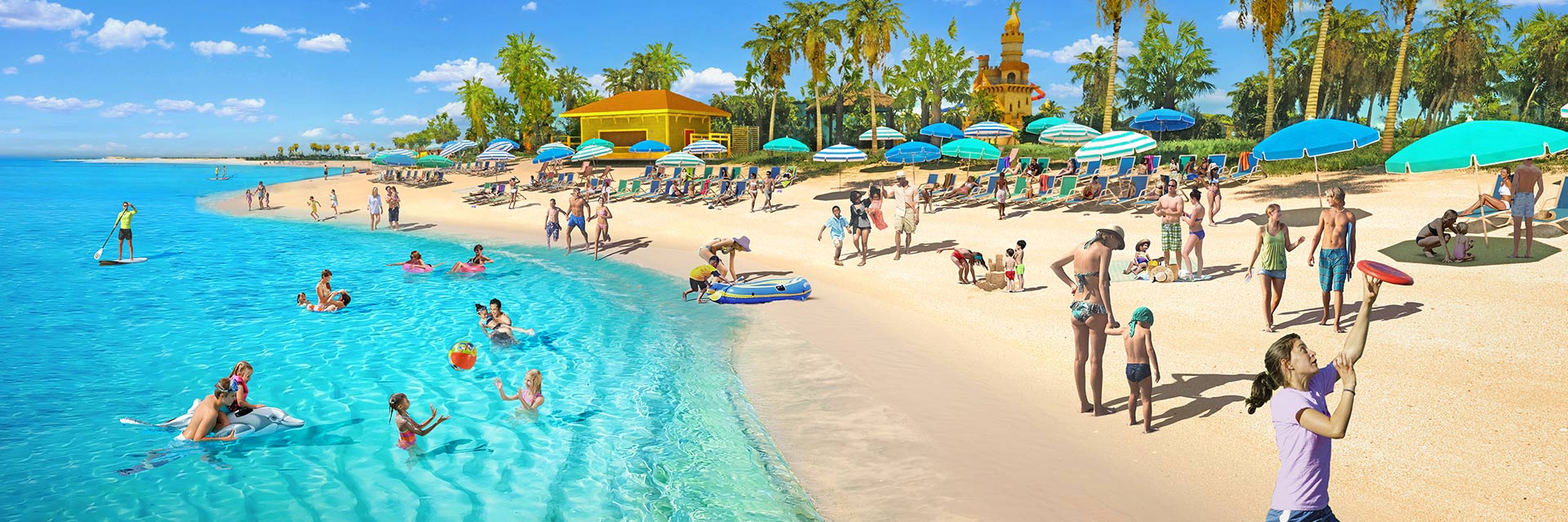 Guests enjoying a fun beach day at the starfish lagoon beach at Celebration Key