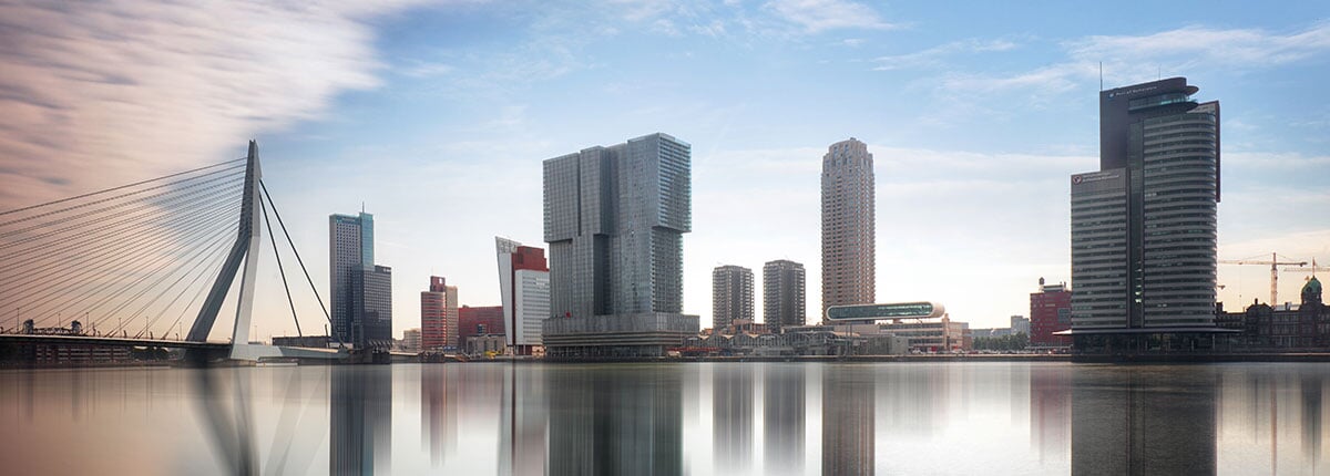 rotterdam skyline with erasmusbrug bridge in rotterdam, the netherlands