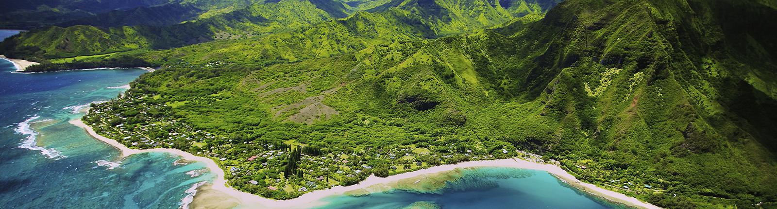 Magnificent aerial view of the rich green island of Kauai, Hawaii