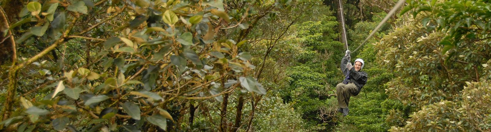 Male ziplining amongst vegetation in Catalina Island, California