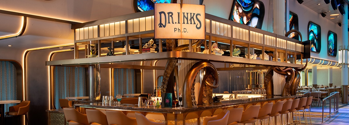 chairs surround the dr.inks ph.d bar with squid tentacles wrapping around pillars