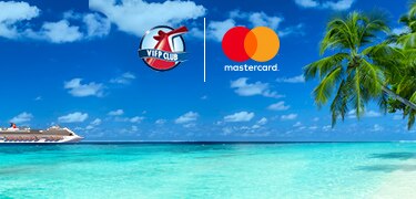 beach scene with carnival ship vifp club logo and mastercard logo