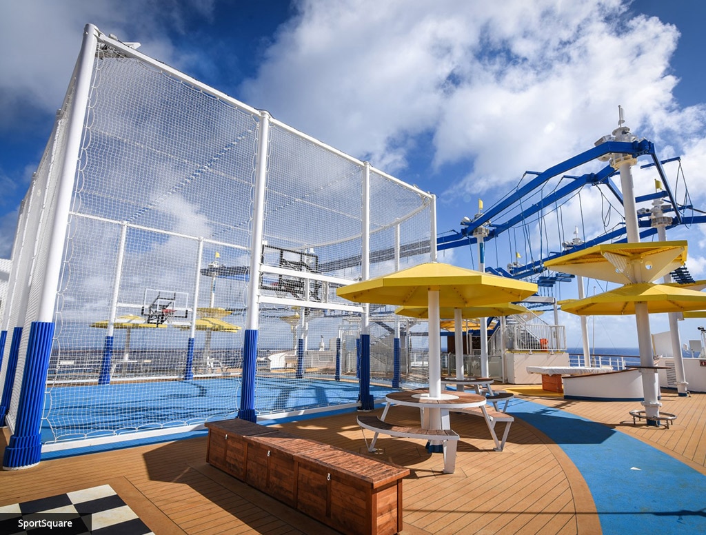 seating with yellow shading outside of the basketball court and ropes course