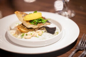 Grilled fish topped with greens and a lemon wedge, served over a bed of white beans and garnished with a roasted vegetable on a white plate.